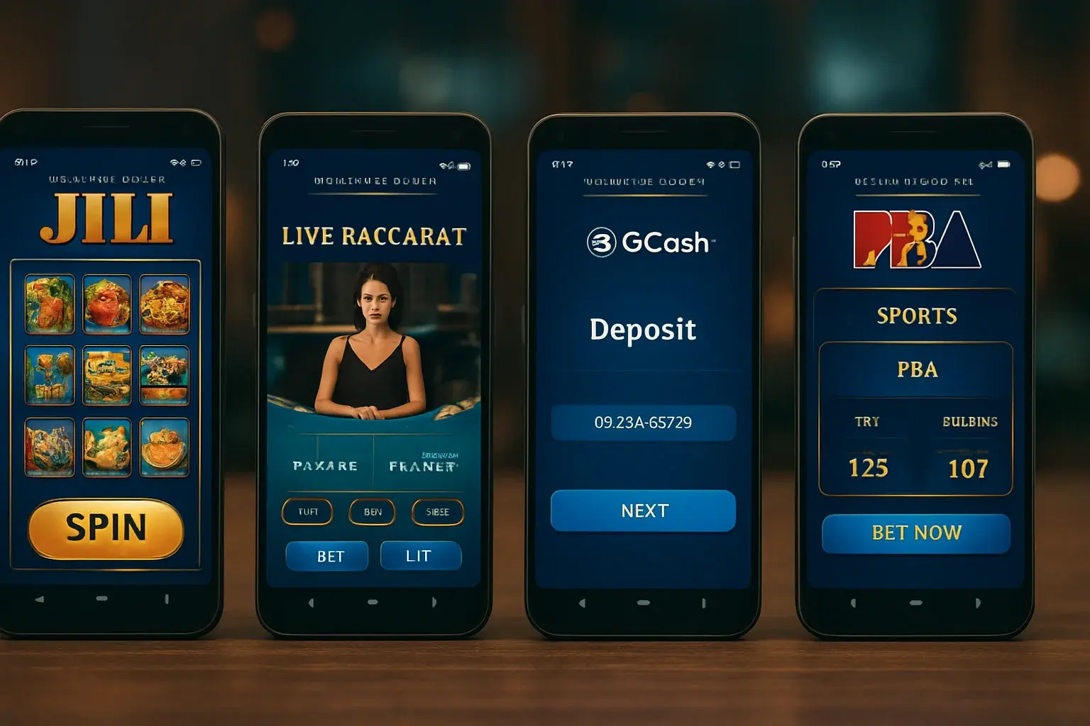 Android screens showing Philippine casino app with slots, baccarat, GCash, sports betting