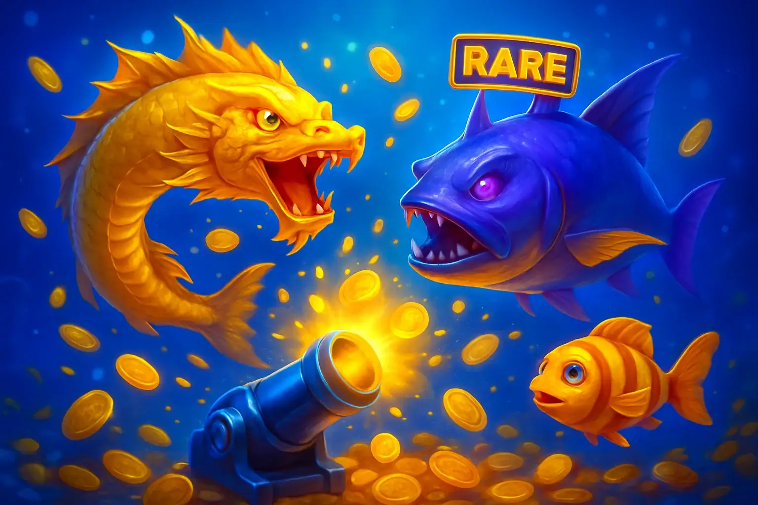Vibrant Philippine casino fishing game with colorful fish, cannon UI, coin explosions