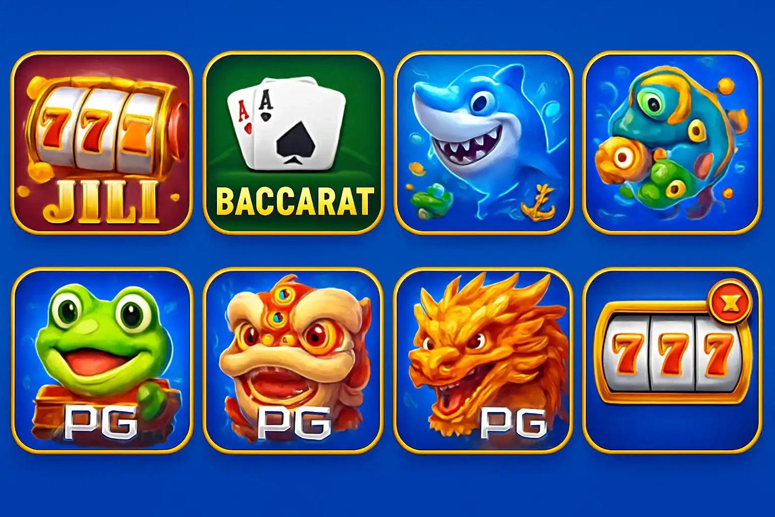 Colorful grid of Philippine casino game thumbnails with blue and gold UI
