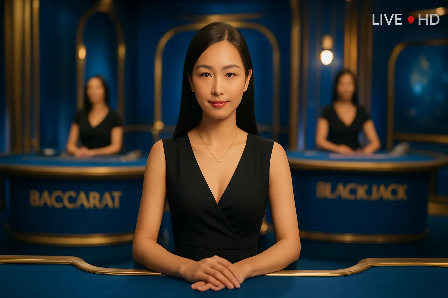 Elegant live casino studio with Asian dealers, baccarat and blackjack tables