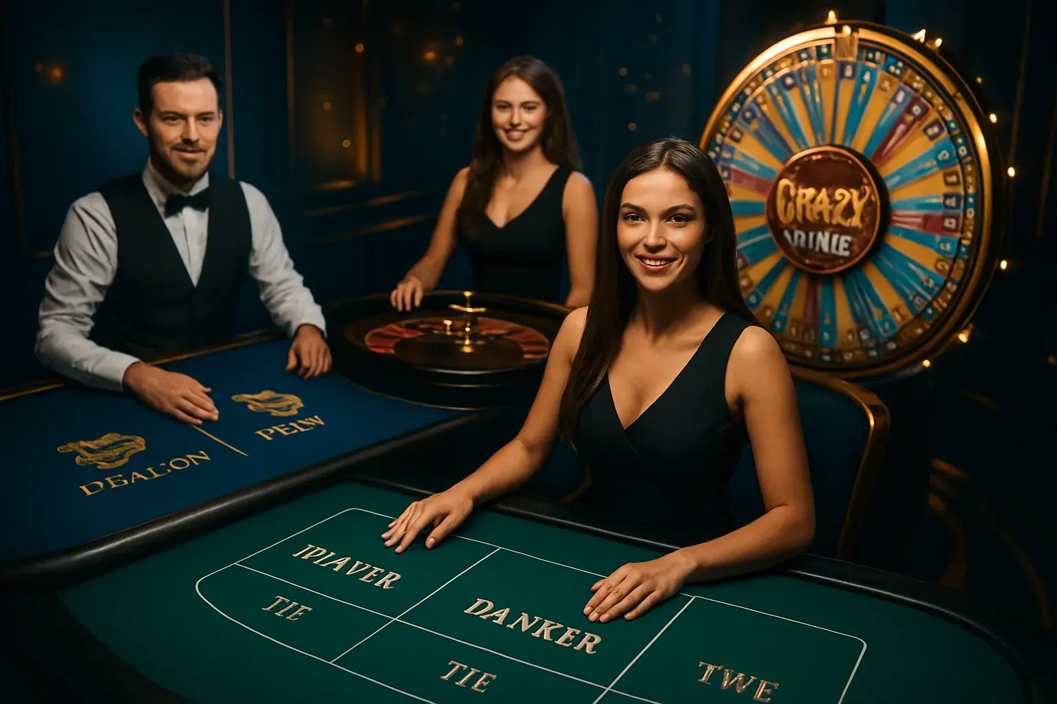Live casino game cards with baccarat, roulette, Crazy Time, and dealers