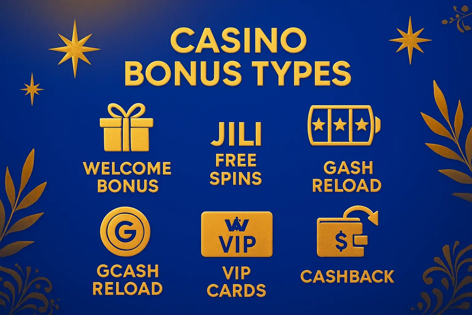 Welcome bonus, JILI free spins, GCash reload, cashback and VIP cards display