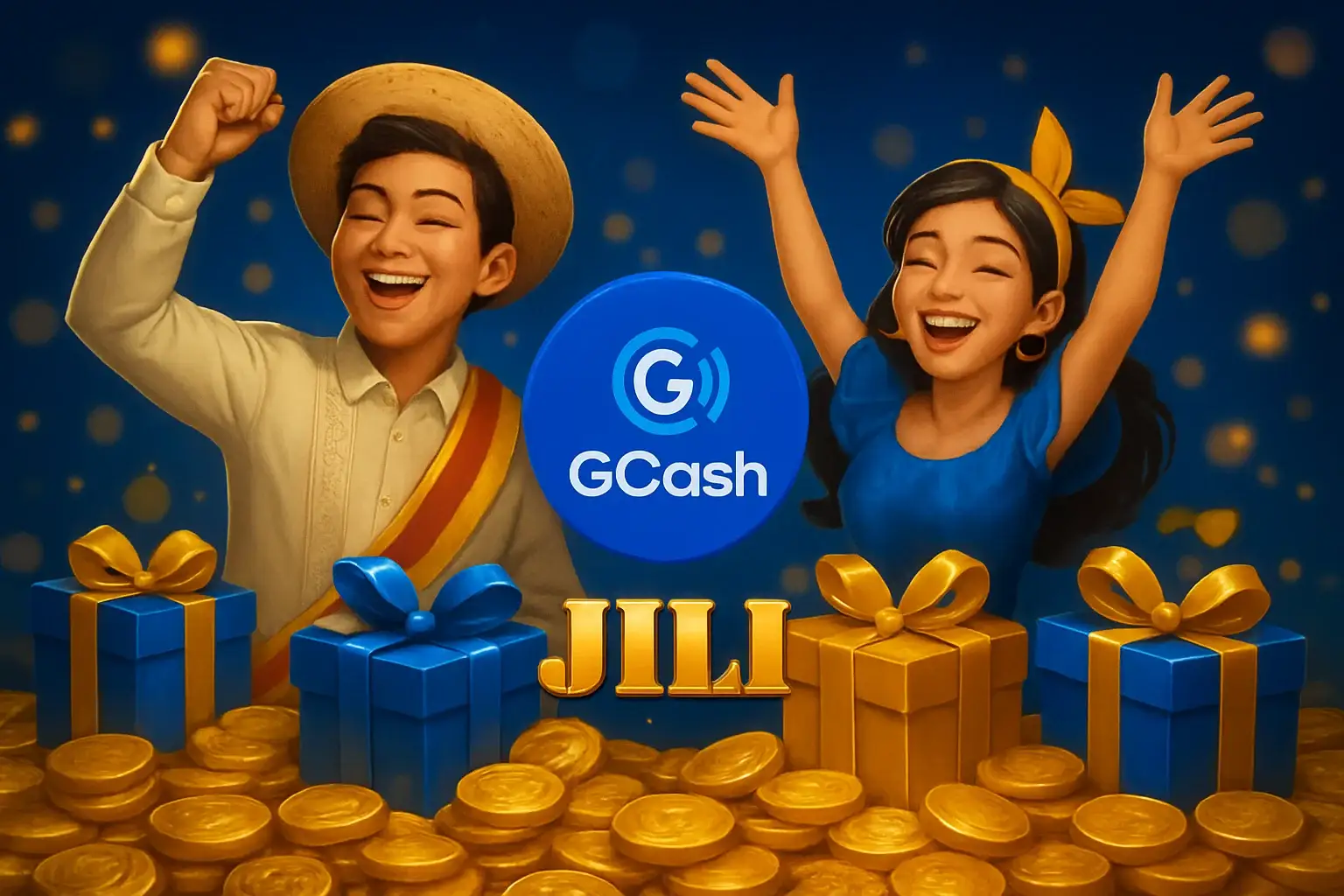 Philippine casino promotions banner with gold coins, gift boxes, GCash badge, JILI characters