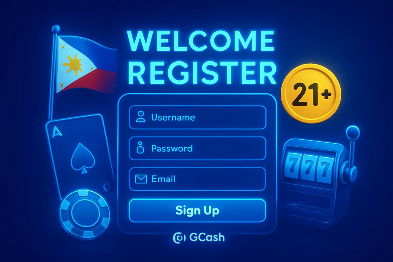 Philippine casino registration illustration with GCash logo and gold 21+ badge