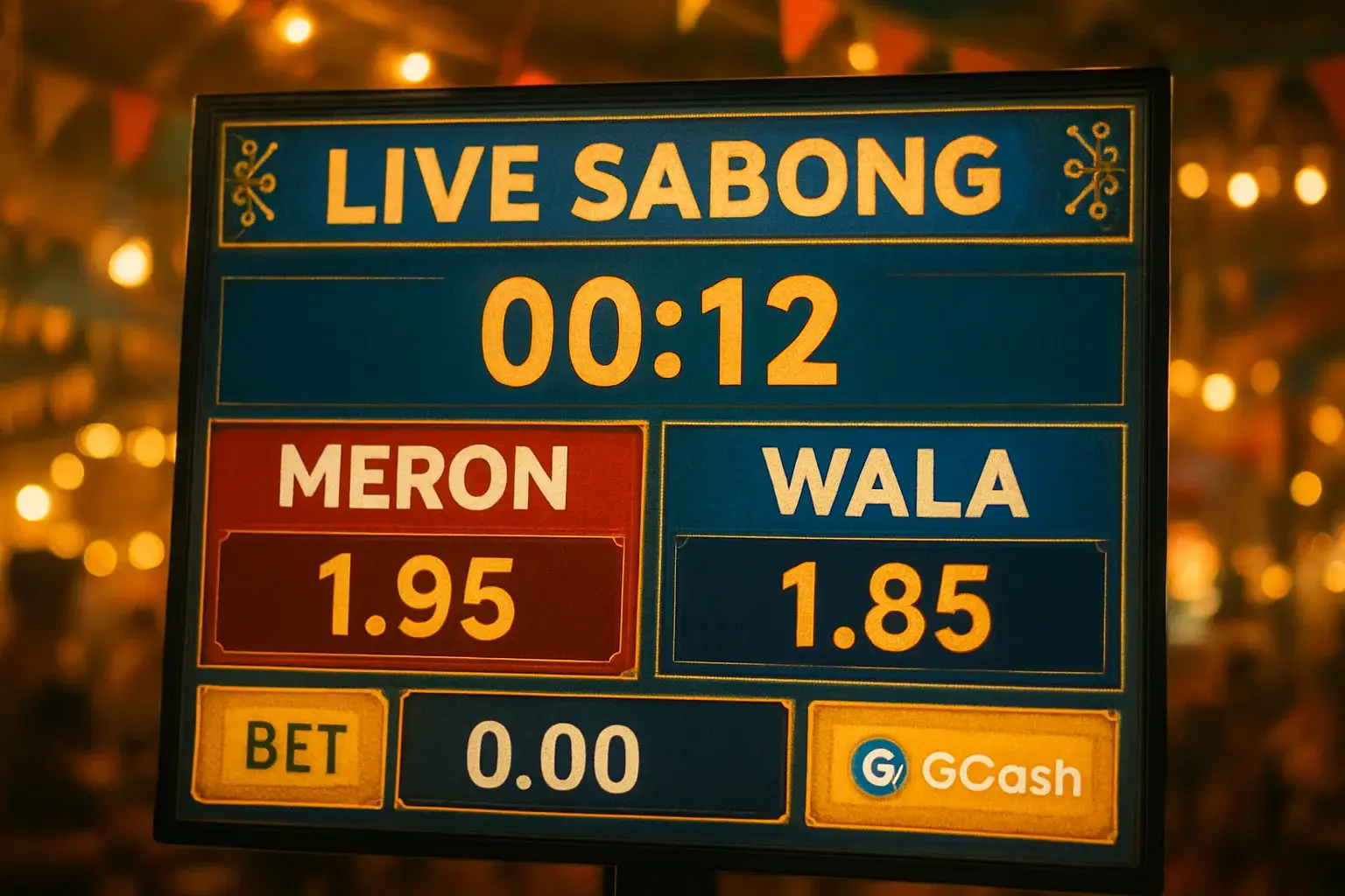 Live sabong countdown timer with Meron vs Wala betting panel and GCash badge