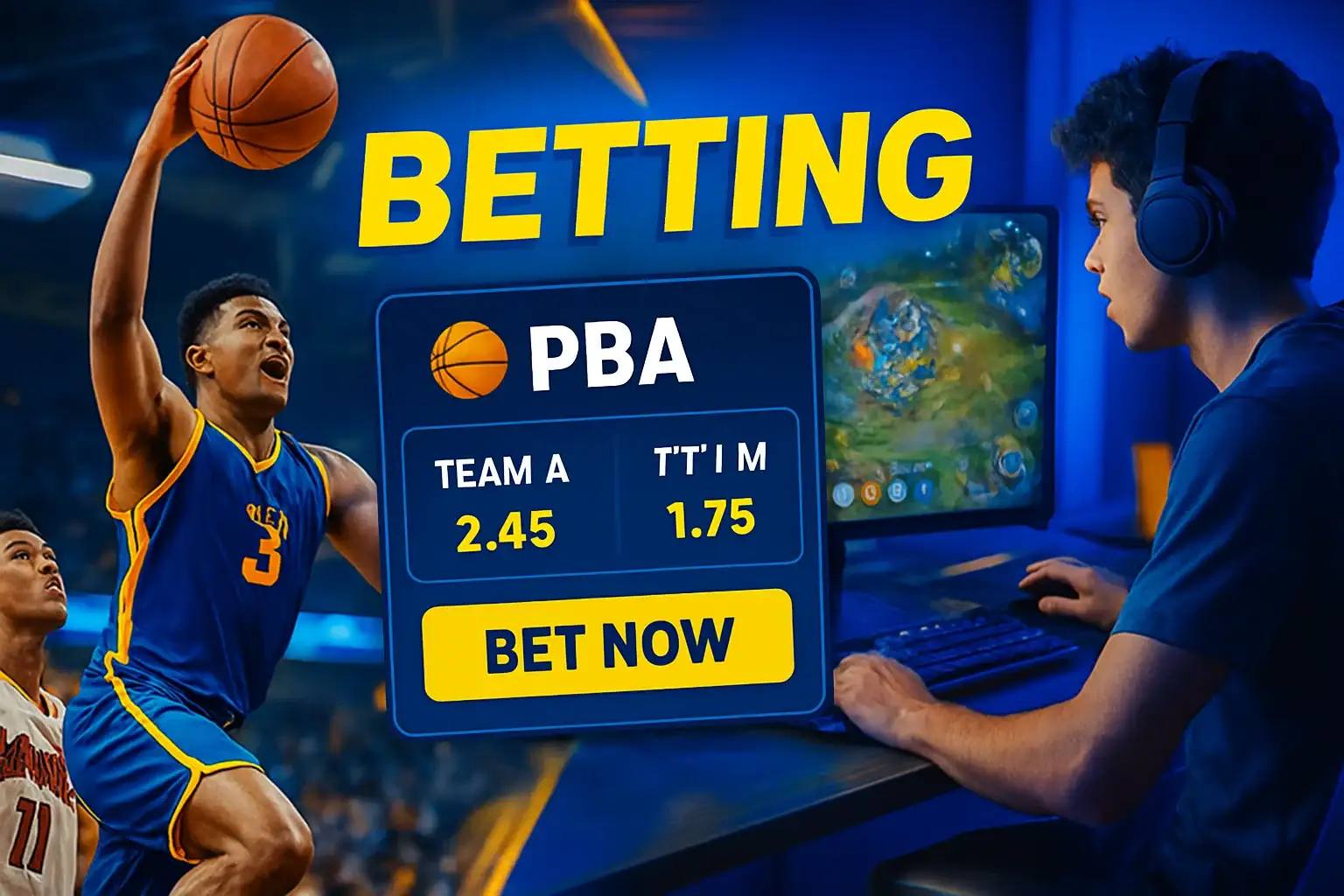 Dynamic Philippine sports betting banner with PBA action and Mobile Legends setup